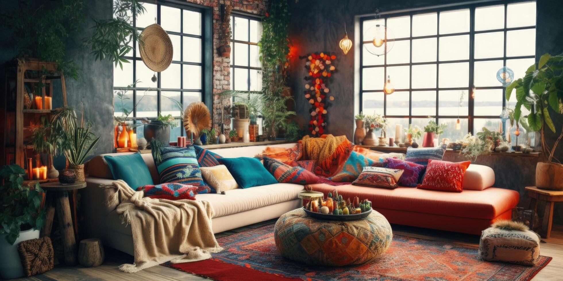 bohemio estilo vivo habitación con Navidad decoración ilustración ai generativo foto