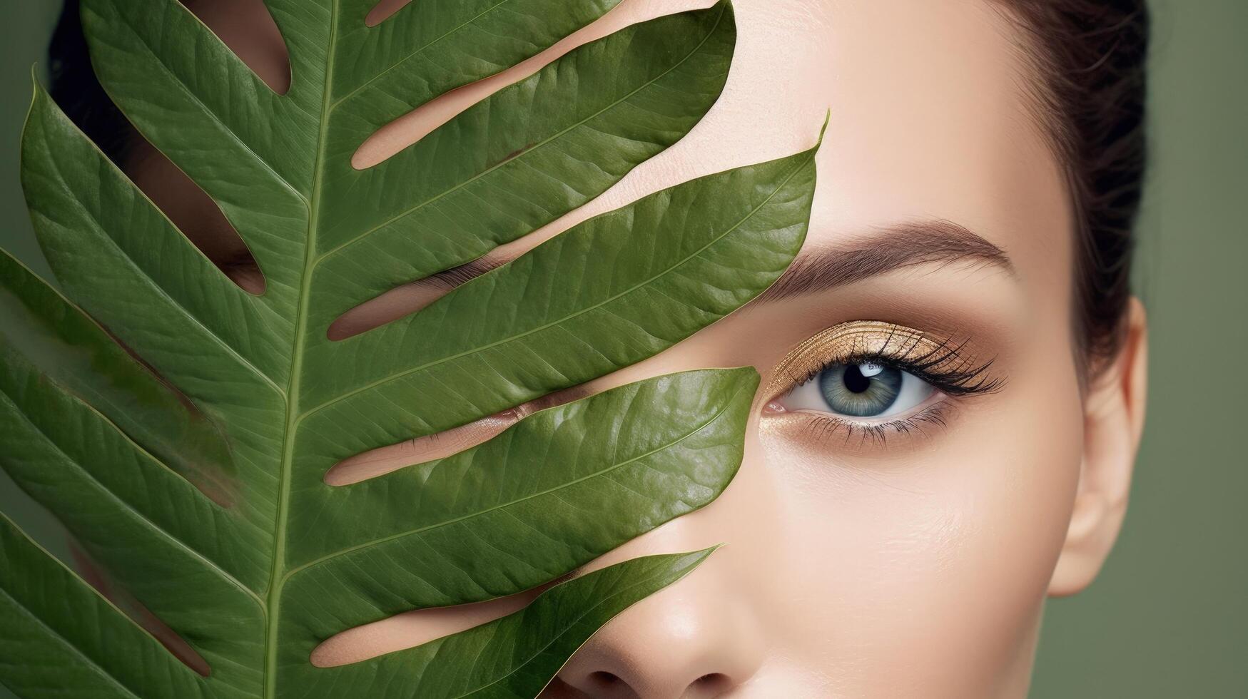 Beauty portrait of woman with plant in studio for wellness. Illustration photo