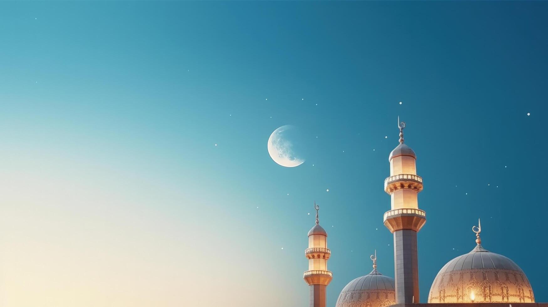 Mosques Dome on dark blue twilight sky and Crescent Moon on background Illustration photo