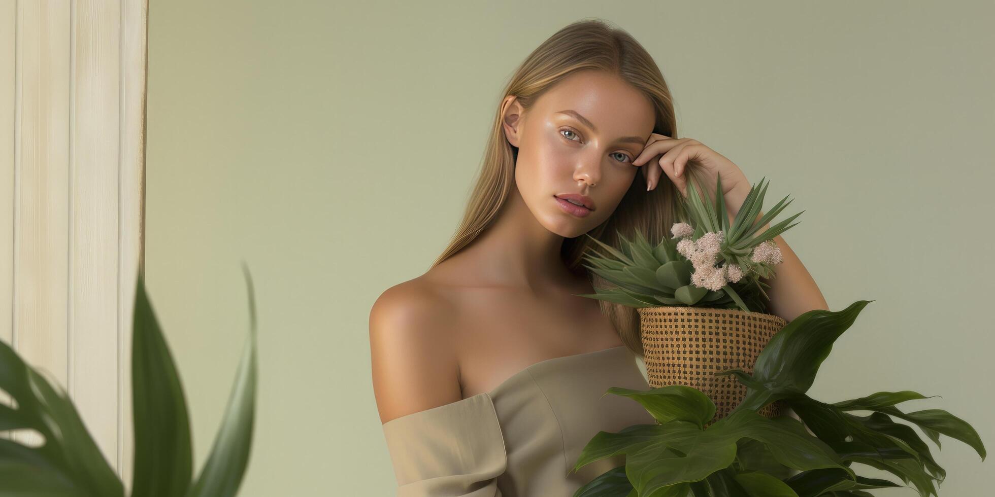 Beauty portrait of woman with plant in studio for wellness. Illustration photo