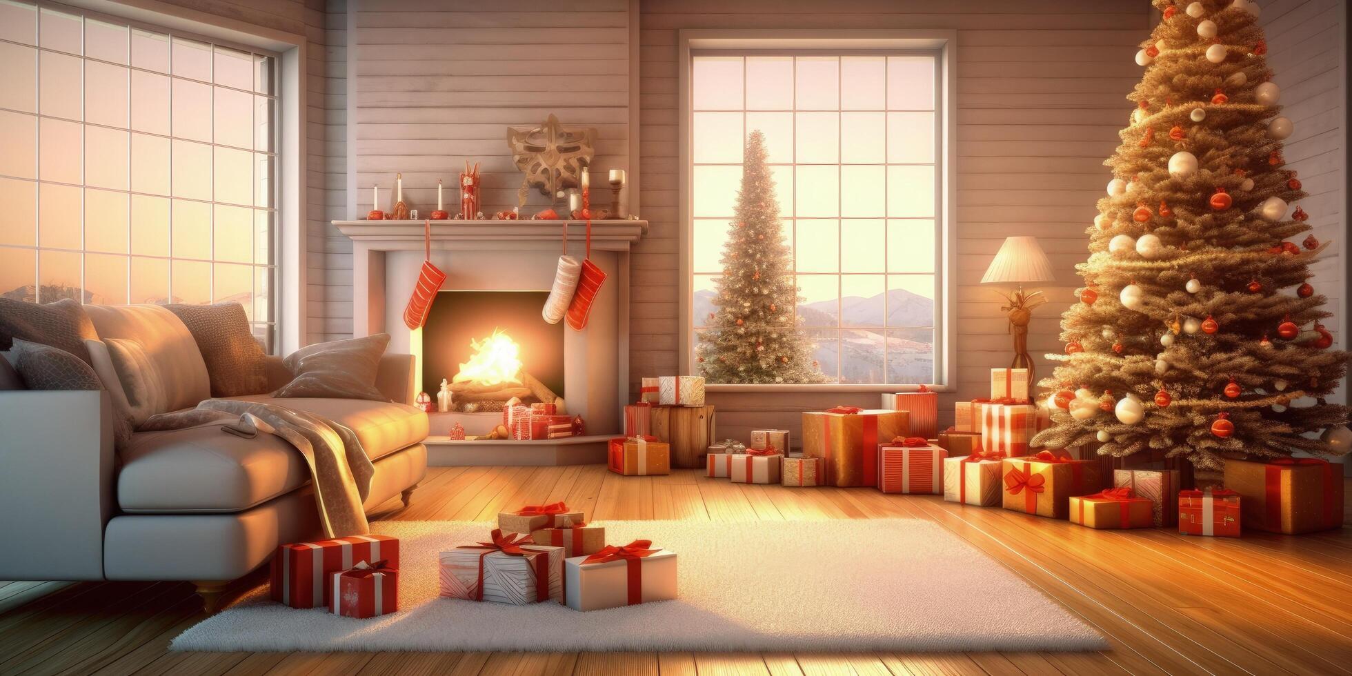 Modern living room with Christmas decoration. Illustration photo