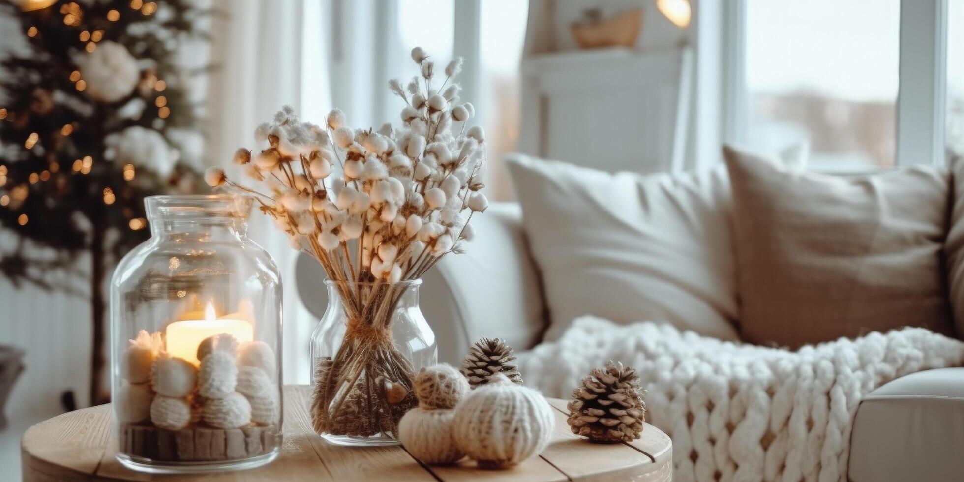 Scandinavian concept of festive decoration of the house. Illustration photo