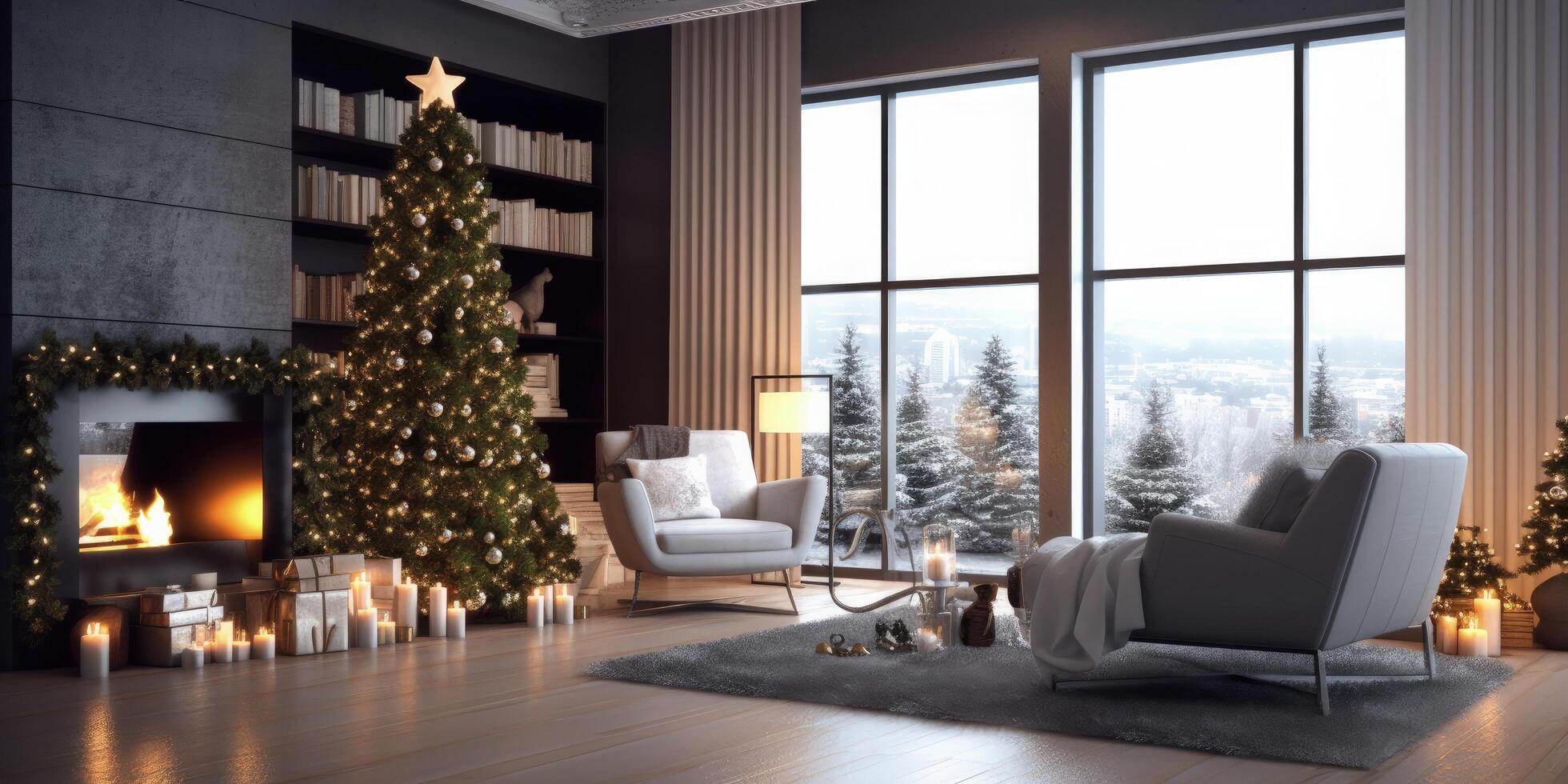 moderno vivo habitación con Navidad decoración. ilustración ai generativo foto