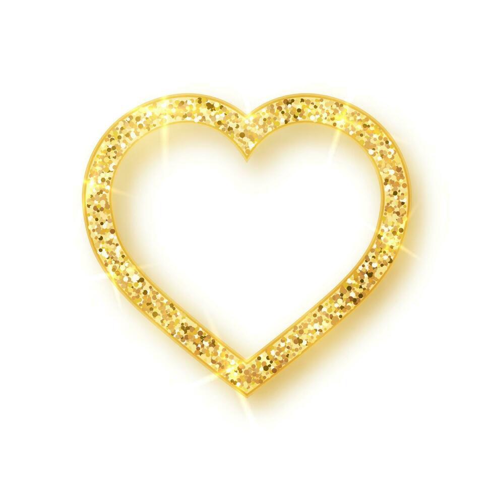 Gold shiny glitter glowing heart with shadow isolated on white background. Vector illustration