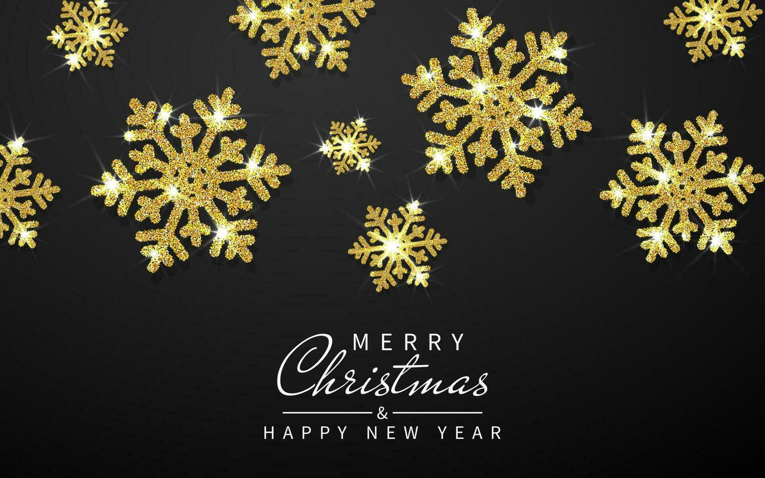 Shining gold snowflakes on black background. Christmas and New Year background. Vector illustration