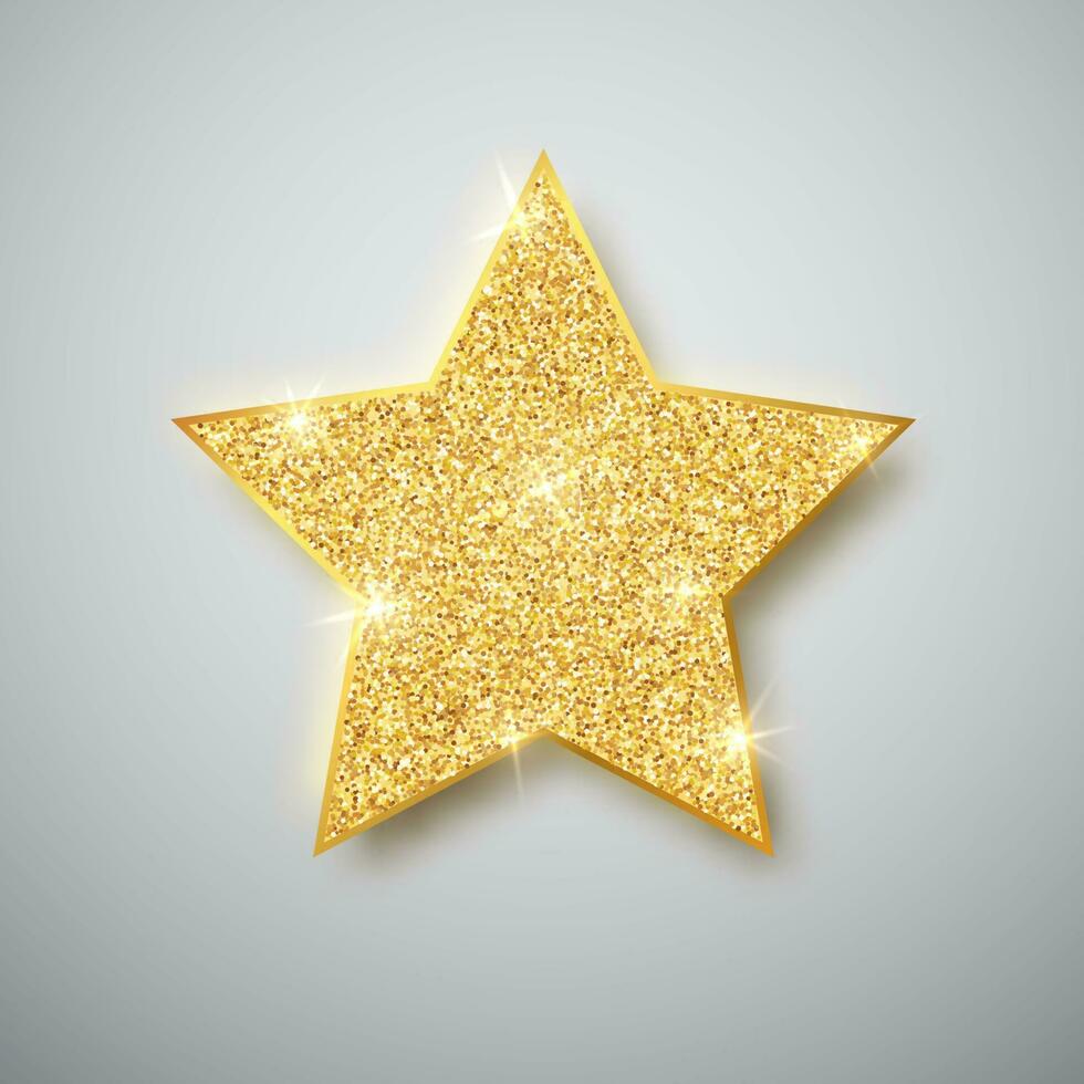 Gold shiny glitter glowing star with shadow isolated on gray background. Vector illustration