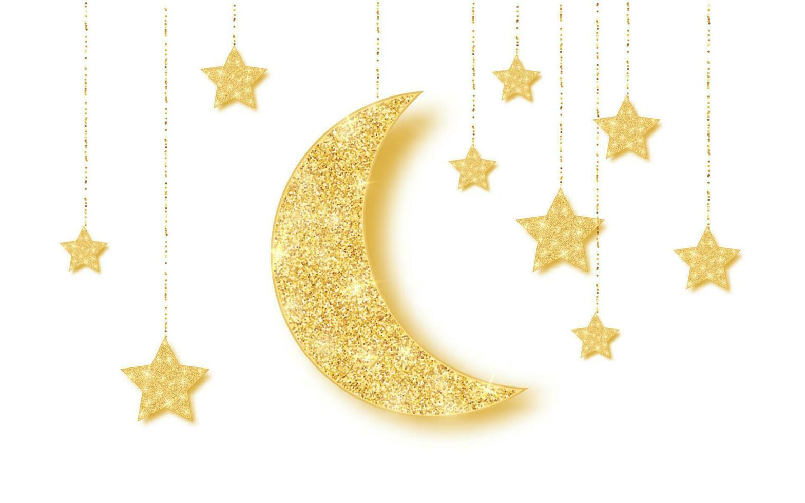 Ramadan Kareem background with gold hanging shiny glitter glowing moon with stars on white background vector