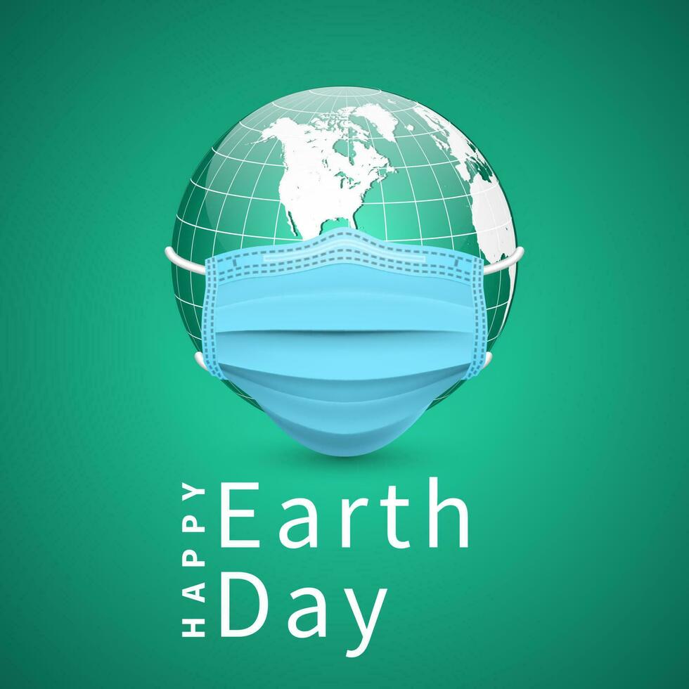 Happy Earth Day. Earth globe in medical face mask. World map set. Vector Illustration