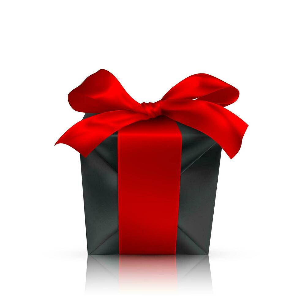 Realistic gift box with red bow isolated on white background. Vector illustration