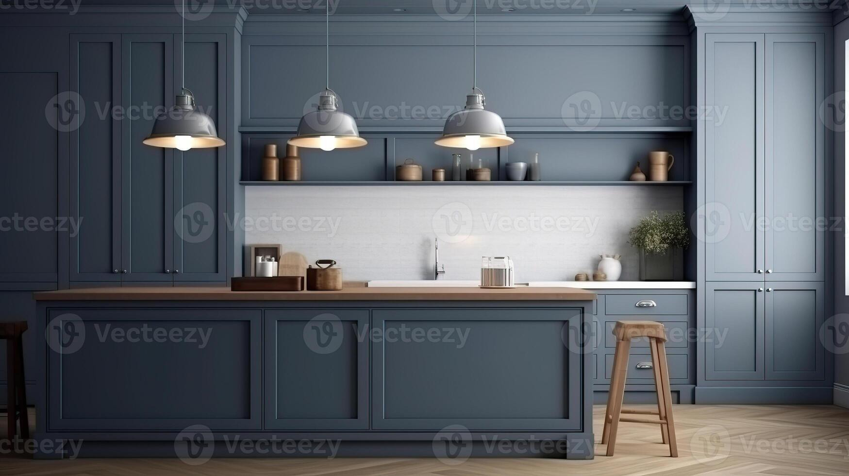 Wall mockup in kitchen interior background, Farmhouse style, 3d render, Bright color. photo
