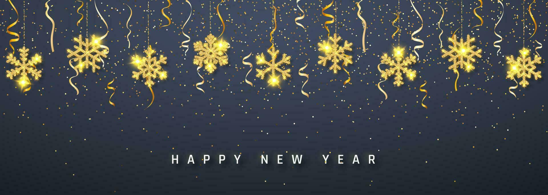 New Year shining glitter glowing golden snowflake decoration garland on dark background. Hanging glitter snowflake. Vector illustration
