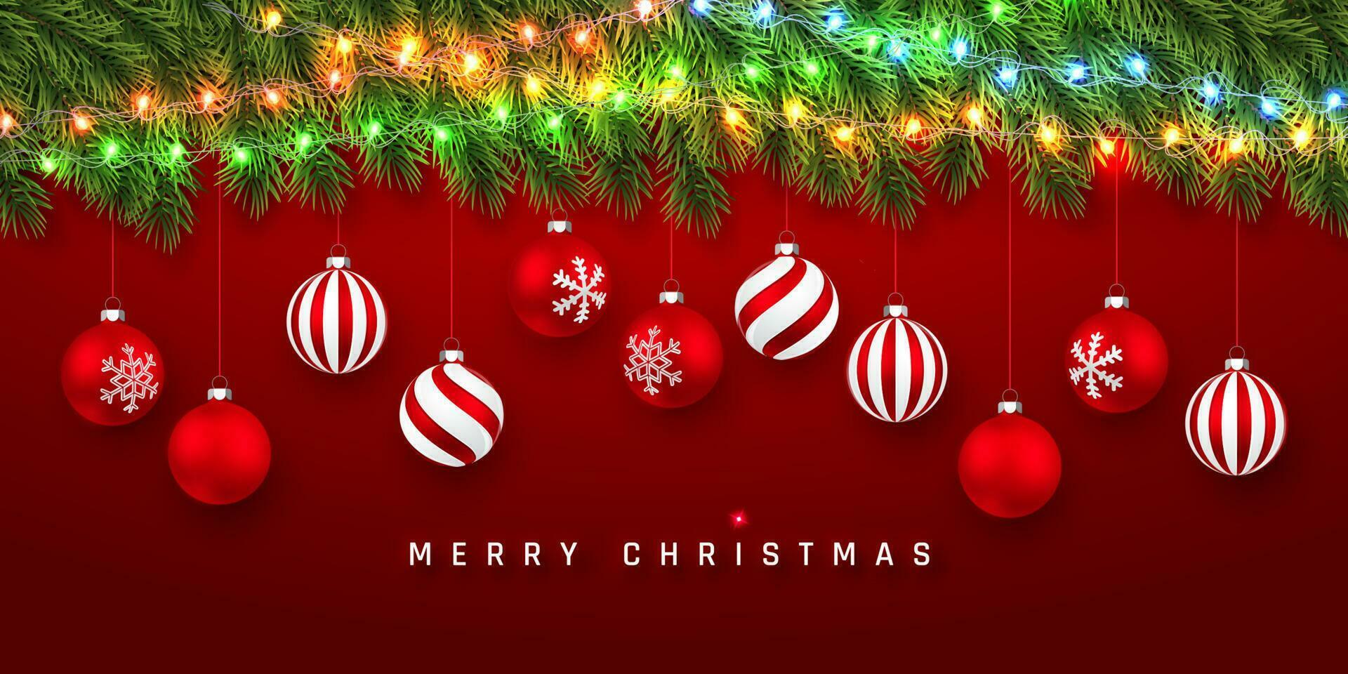 festivo Navidad o nuevo año antecedentes. Navidad abeto ramas con ligero guirnalda y Navidad rojo pelotas. vacaciones antecedentes. vector ilustración