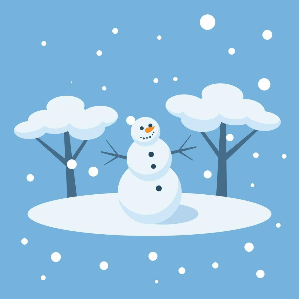 Happy Snowman In The Forest, Isolated Background. vector