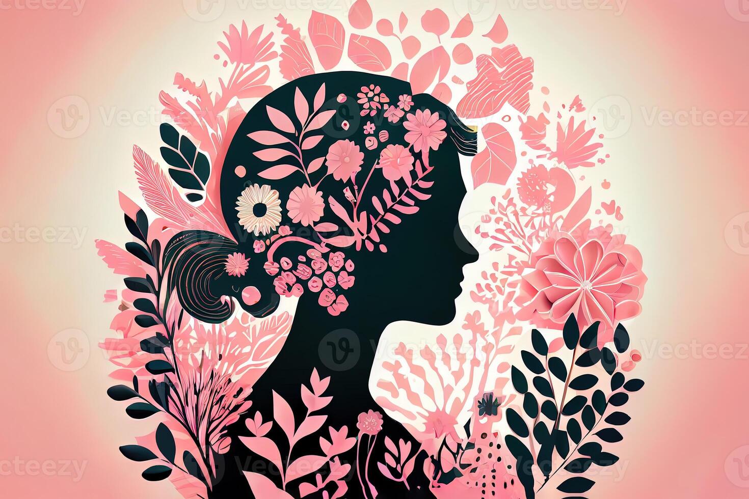 Exceptional Paper cut girl head silhouette cutout with hand drawn spring and flower doodles. photo