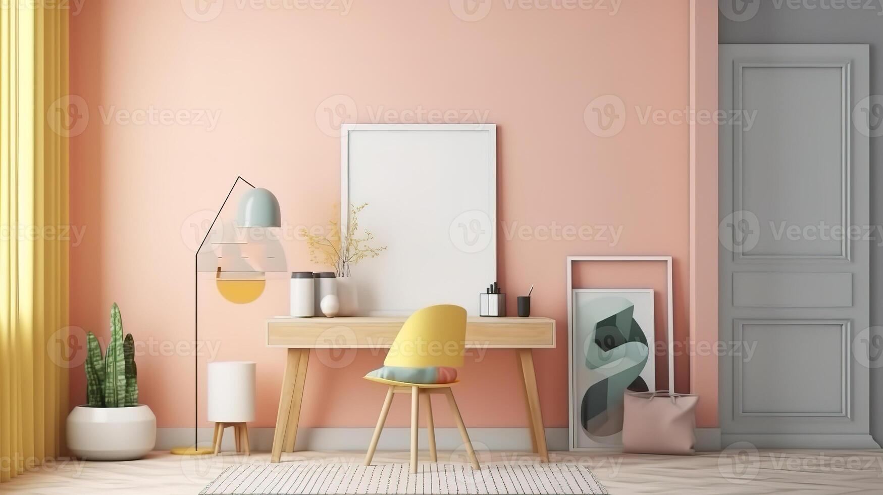 Cozy workplace interior at home with frame mockup. photo