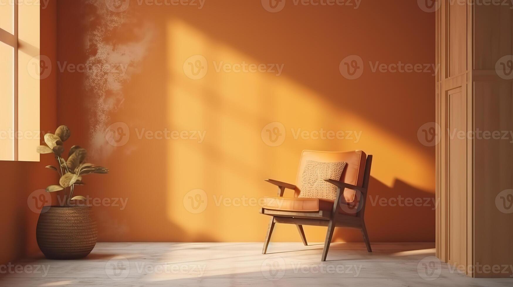 Minimalist interior background with armchair and rustic decor. photo