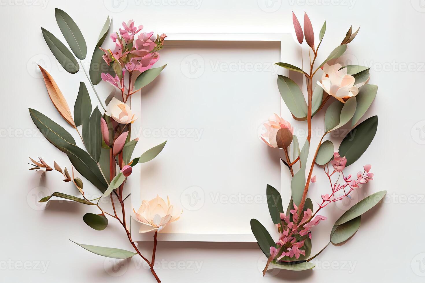 Amazing Flowers composition. Frame made of pink flowers and eucalyptus branches on white background. photo