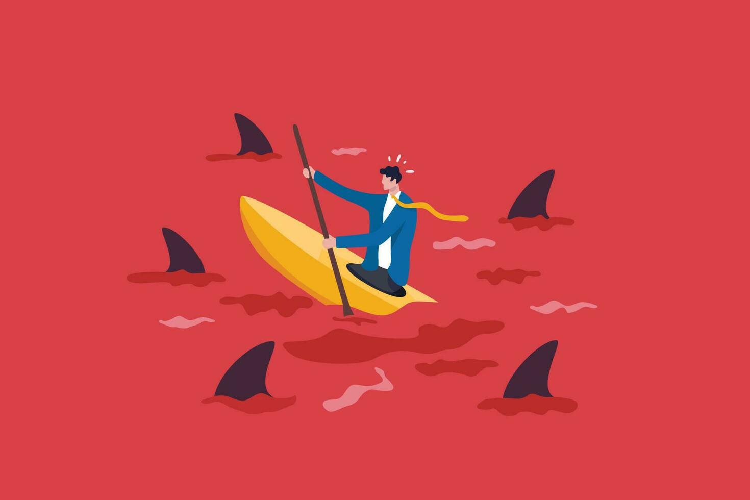 Red ocean market, high competition industry with too many competitors, intense market with challenge or difficult to success concept, businessman in kayak trying to survive in red ocean with sharks. vector