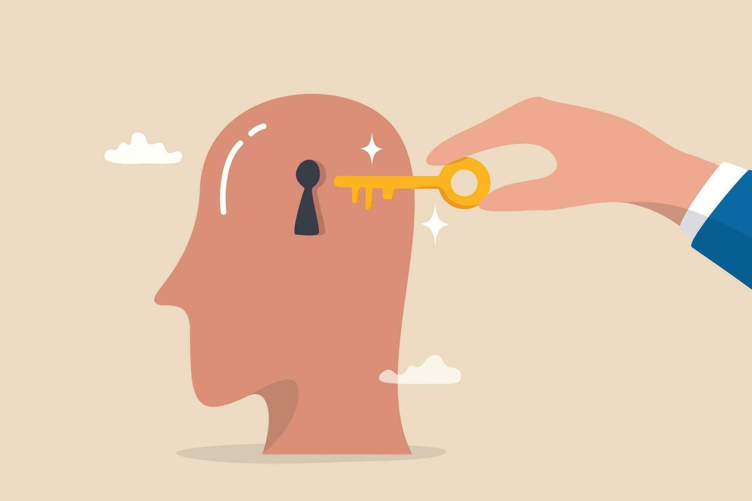 Unlock true potential or motivation to set new mindset, key to success or career achievement, learning or imagination concept, businessman hand putting golden key to unlock potential in human brain. vector