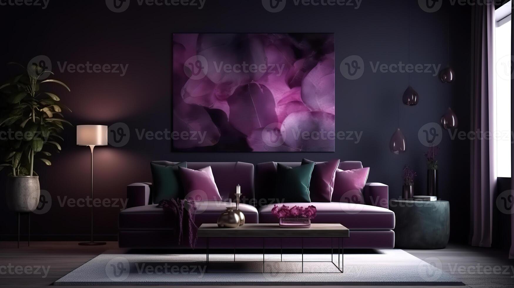 Two frame mockup of a living room interior with a purple blank wall. photo