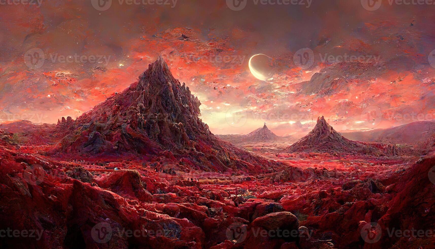 Wonderful Landscape of an unexplored planet, A fantasy mountain with a hidden cave and a plasma red sky. photo