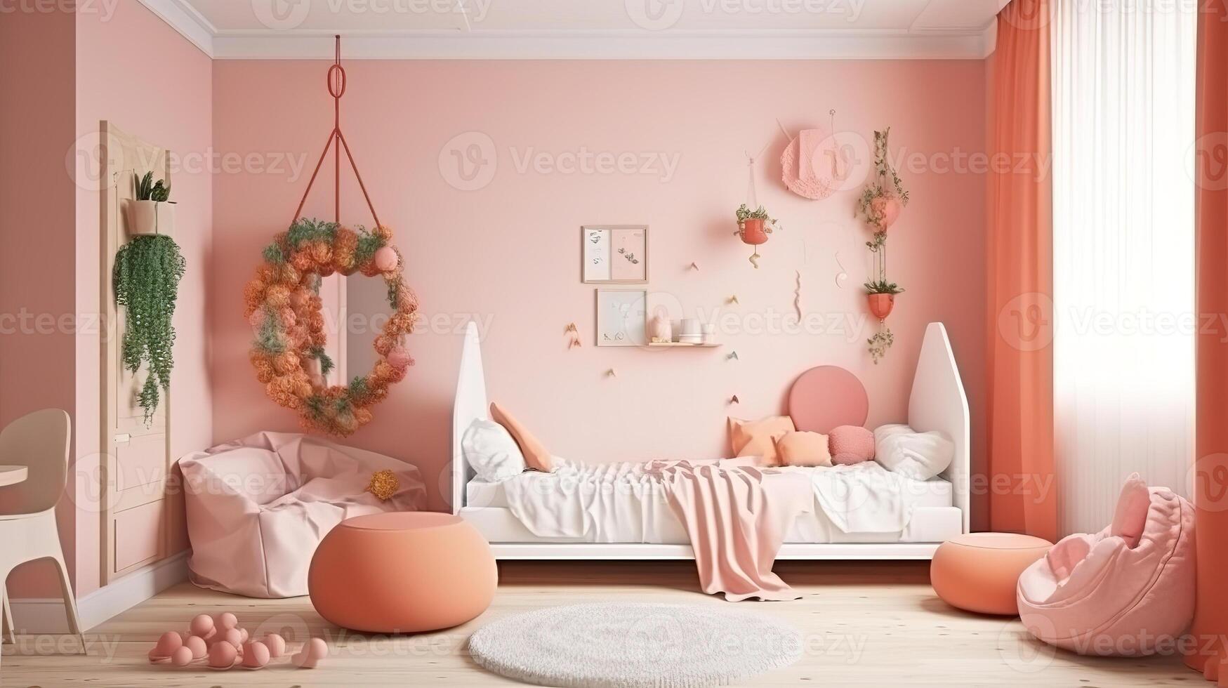 Mockup frame in childrens bedroom, 3d render, Bright color. photo