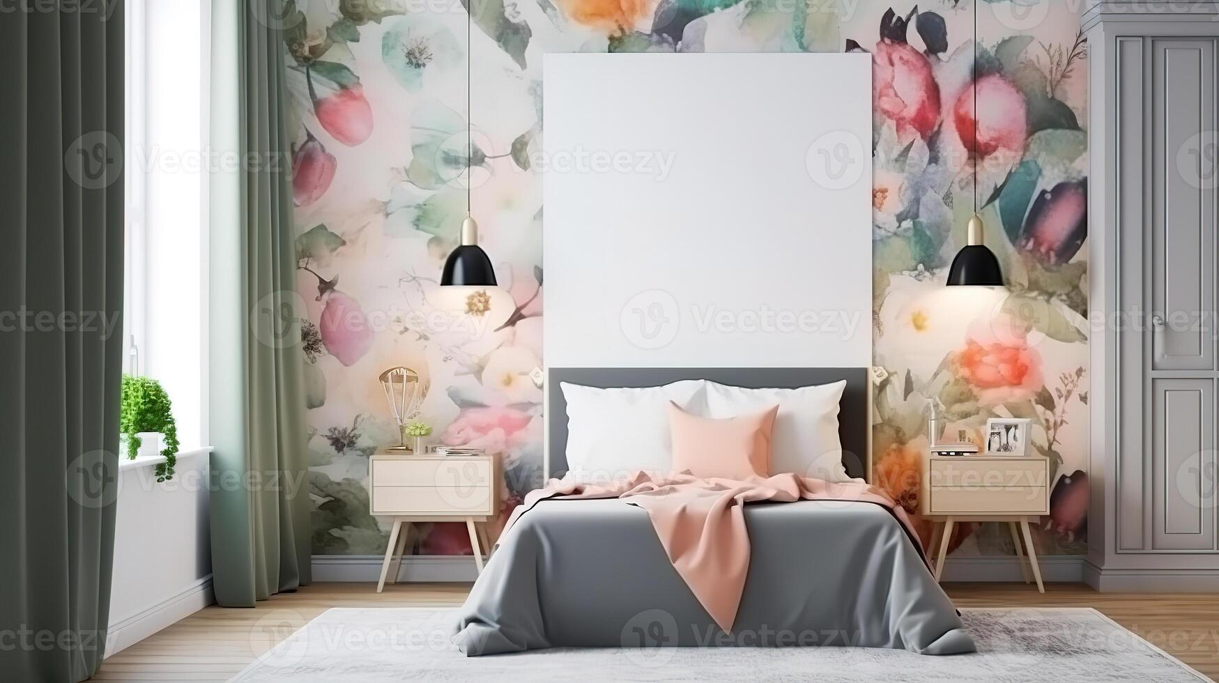 Horizontal poster frame mock up on cyan wall in bedroom illustration. photo