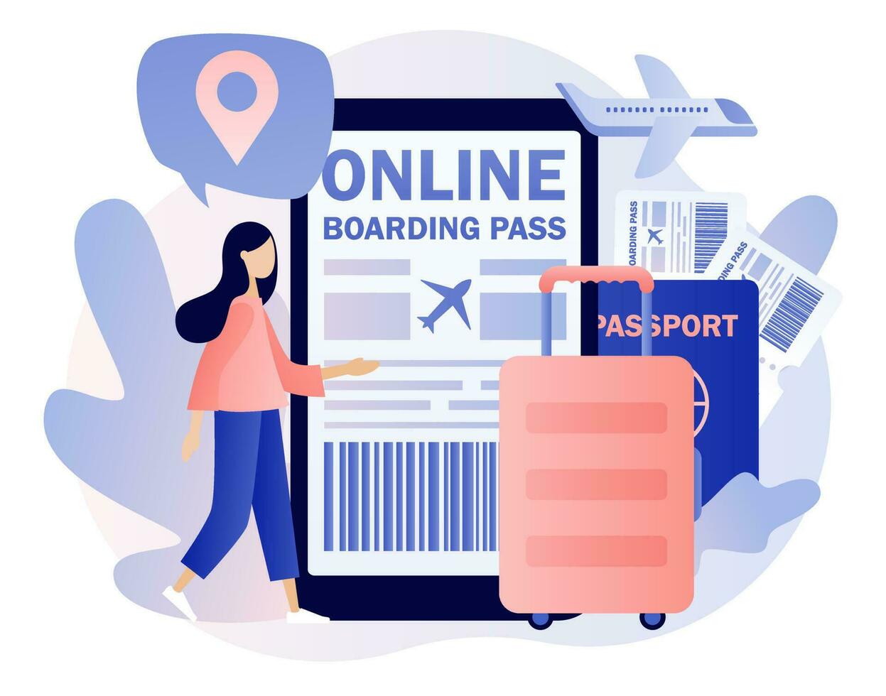 Airline boarding pass ticket in smartphone app. Tiny woman booking flights travel online. Buy ticket online. International airline. Modern flat cartoon style. Vector illustration on white background