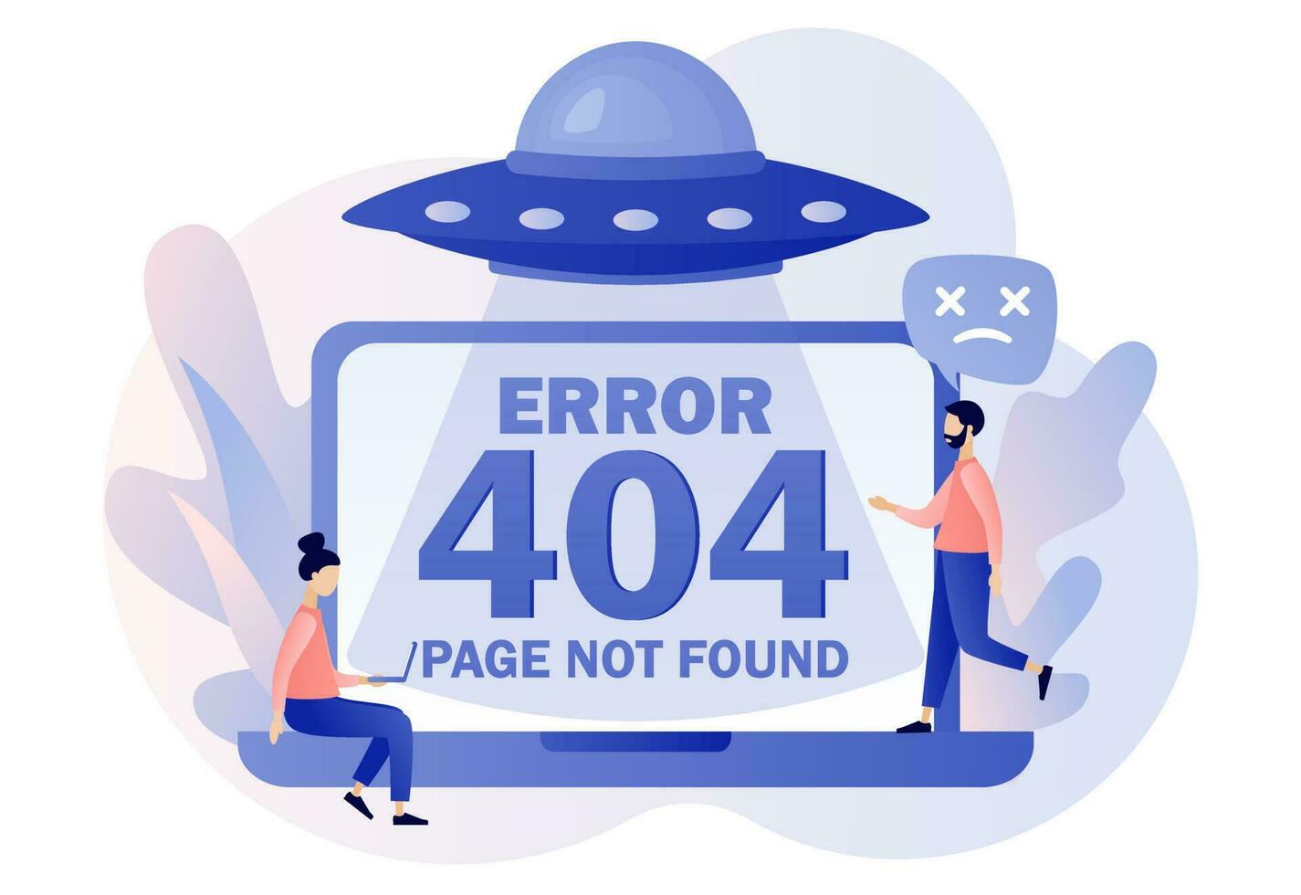 404 error. Page not found. UFO. Tiny people updates system, installation programs, system maintenance. Modern flat cartoon style. Vector illustration on white background