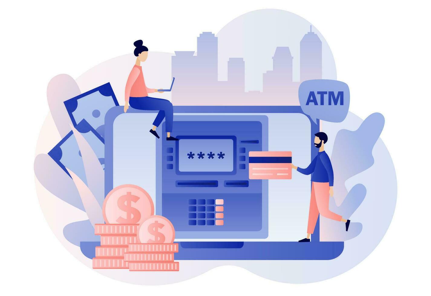 ATM on laptop. Banking terminal. Tiny people withdraws money from credit card in online atm machine. Online payment. Modern flat cartoon style. Vector illustration on white background