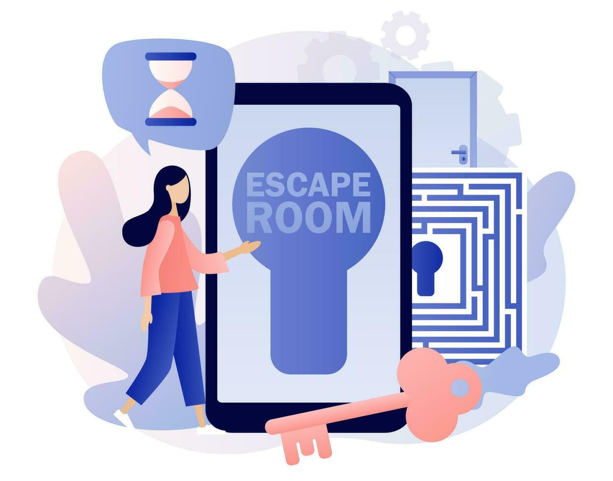Escape room smartphone app. Quest room. Tiny people trying to solve puzzles, find key, gettout of trap, finding conundrum solution. Exit maze. Modern flat cartoon style. Vector illustration