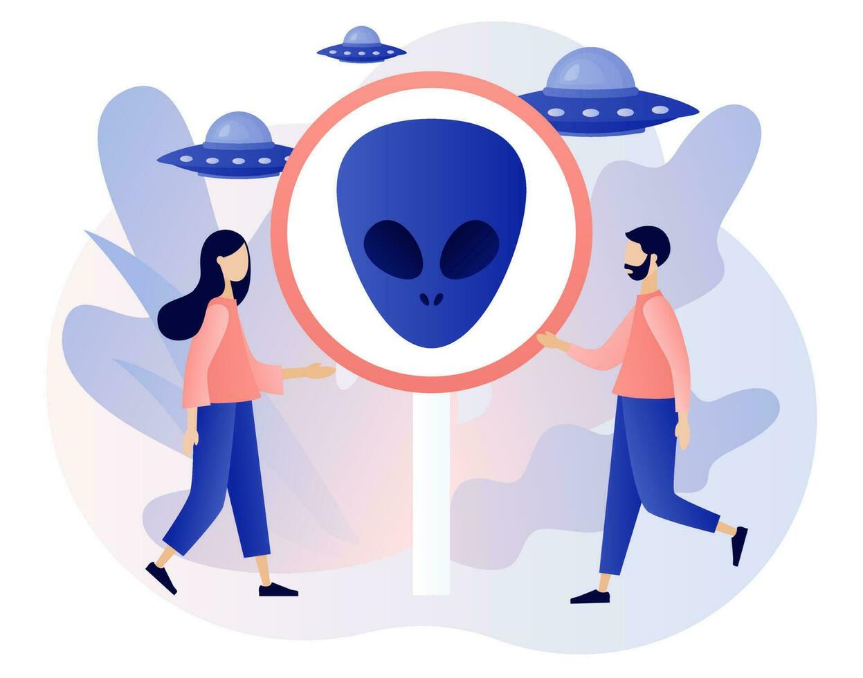 Alien sign and tiny people. UFO spaceships. Space concept. Futuristic unknown flying object. World Contact day. Modern flat cartoon style. Vector illustration on white background