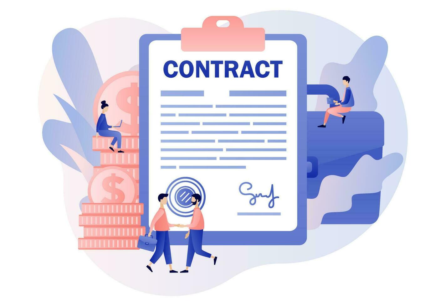 Contract. Tiny business people shaking hands and signing agreement, legal document or contract online. Digital signature. Modern flat cartoon style. Vector illustration on white background