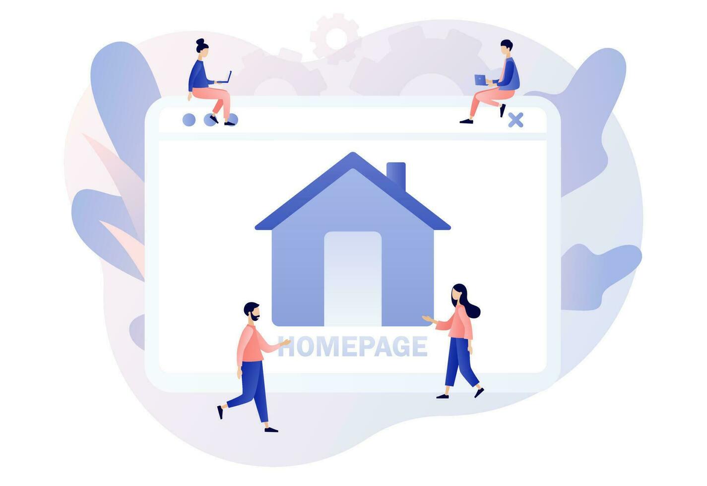 Homepage - web page design. Tiny people working on website homepage development, optimization, setup. Modern flat cartoon style. Vector illustration on white background