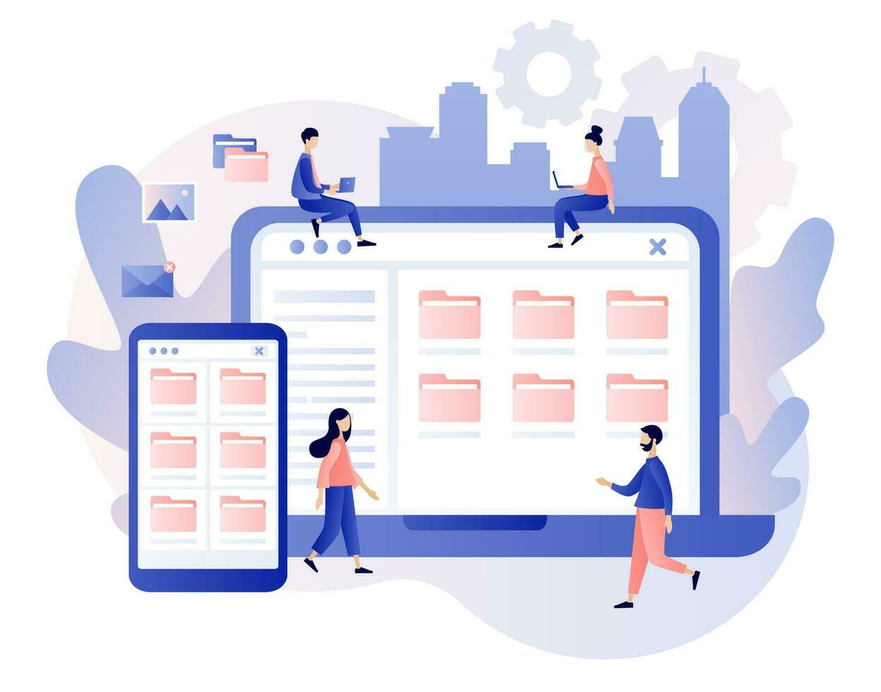 File management concept. Folders, documents and media content. Data storage. Tiny people search files on smartphone and laptop. Modern flat cartoon style. Vector illustration on white background