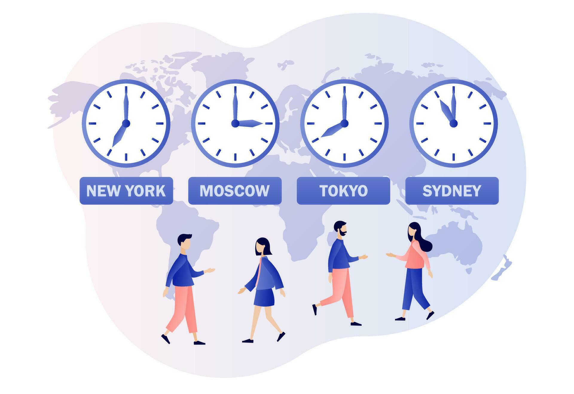 Time zones. International time and date. Clocks showing local timezone