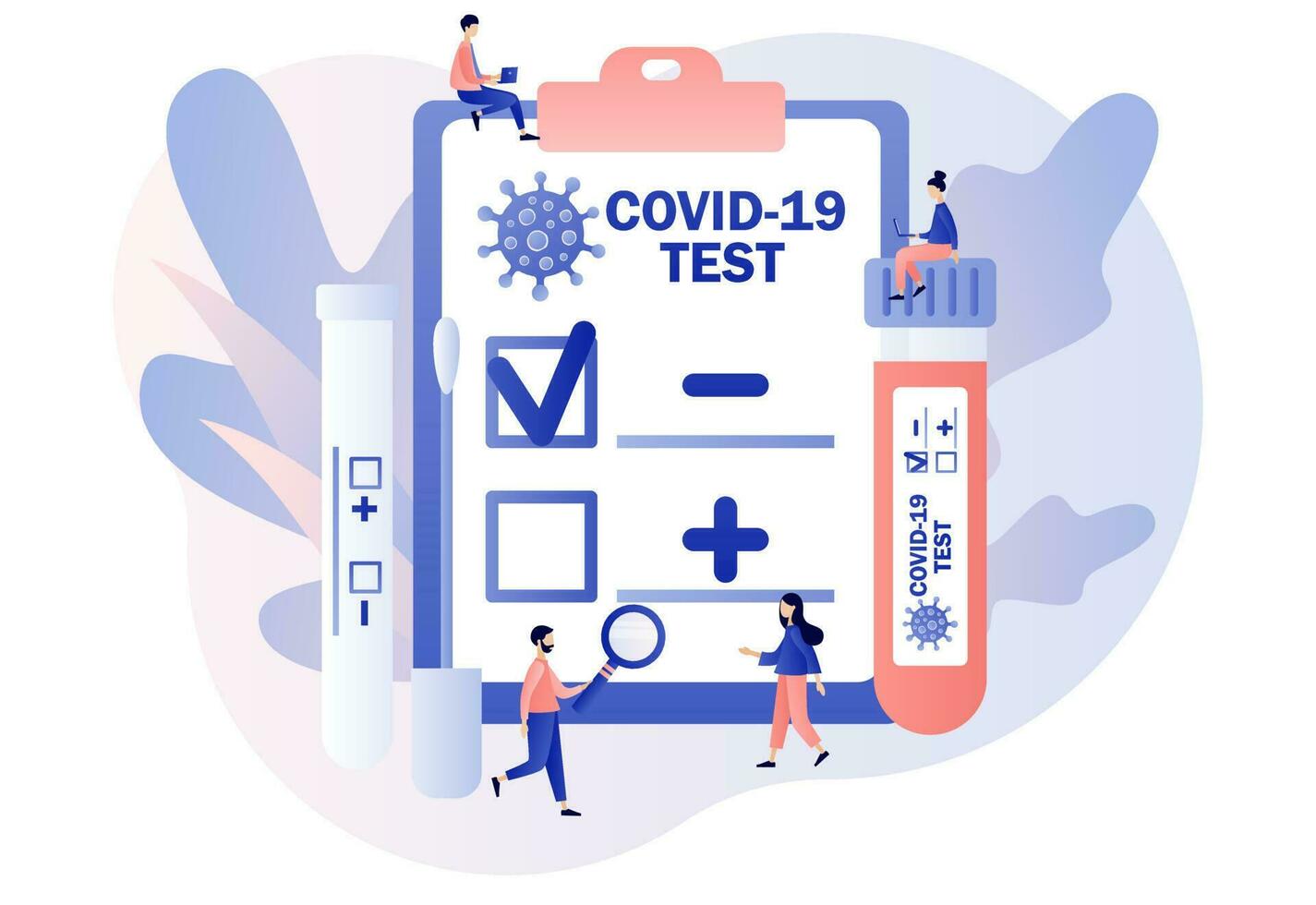 Coronavirus Covid-19 testing. Tiny doctor or nurse doing Coronavirus PCR test. Patient receiving Covid-19 rapid test. Positive or negative testing result. Modern flat cartoon style.Vector illustration vector