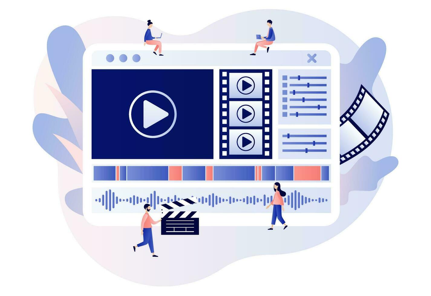 Video editor. Video maker online course. Tiny people footage editing and making multimedia content production. Studio filmmaking. Modern flat cartoon style. Vector illustration on white background