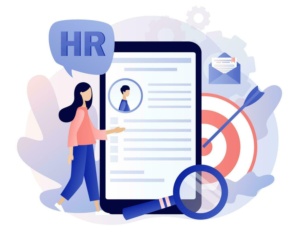 HR department. Human Resources management. Employer hiring candidates online. Recruitment agency, employment, headhunting business. Modern flat cartoon style. Vector illustration on white background