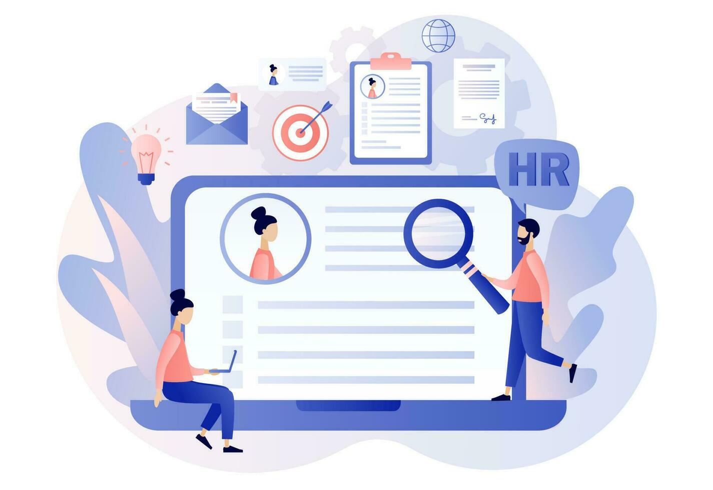 HR department. Human Resources management. Employer selects candidates. Recruitment agency, employment, headhunting business. Modern flat cartoon style. Vector illustration on white background