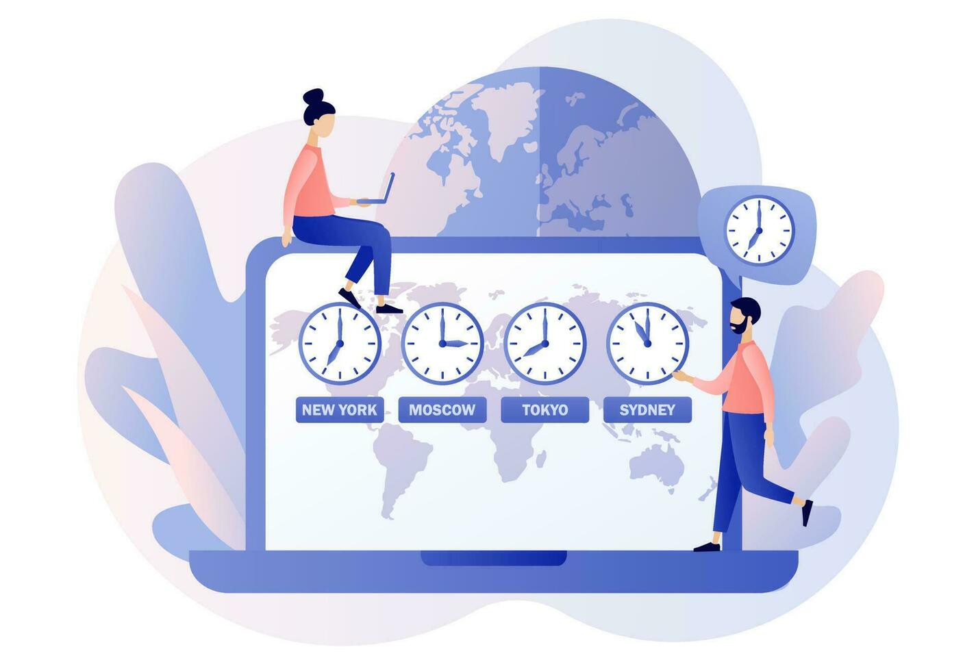 Time zones. International time and date. Clocks showing local time online on web site. Tiny business people worldwide. Modern flat cartoon style. Vector illustration on white background