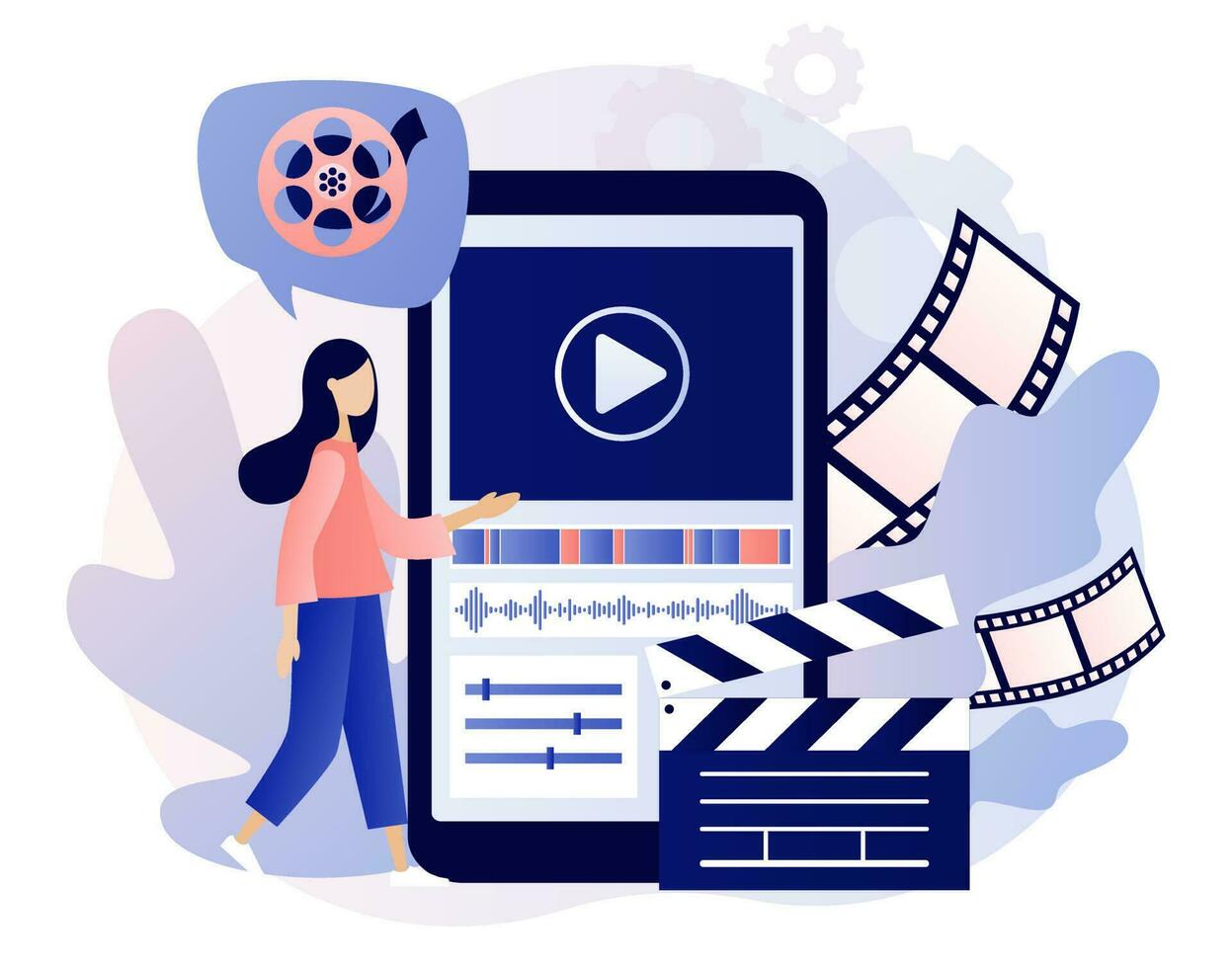Video editor studio. Video maker online course. Tiny woman footage editing and making multimedia content production in smartphone app.Modern flat cartoon style. Vector illustration on white background