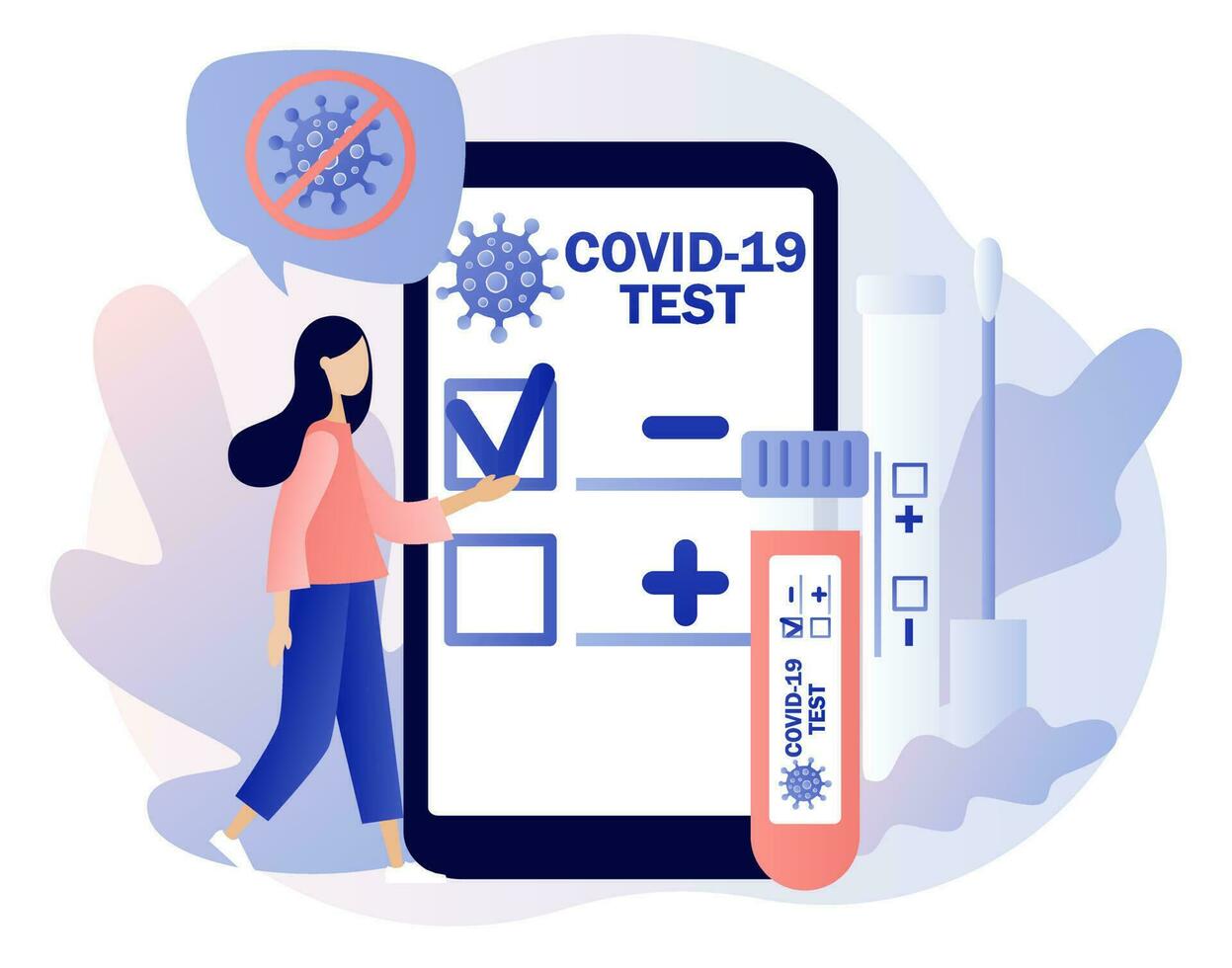 Covid-19 testing. Positive or negative testing result in smartphone app. Tiny doctor or nurse doing Coronavirus PCR test. Patient receiving Covid-19 rapid test. Modern flat cartoon style. Vector