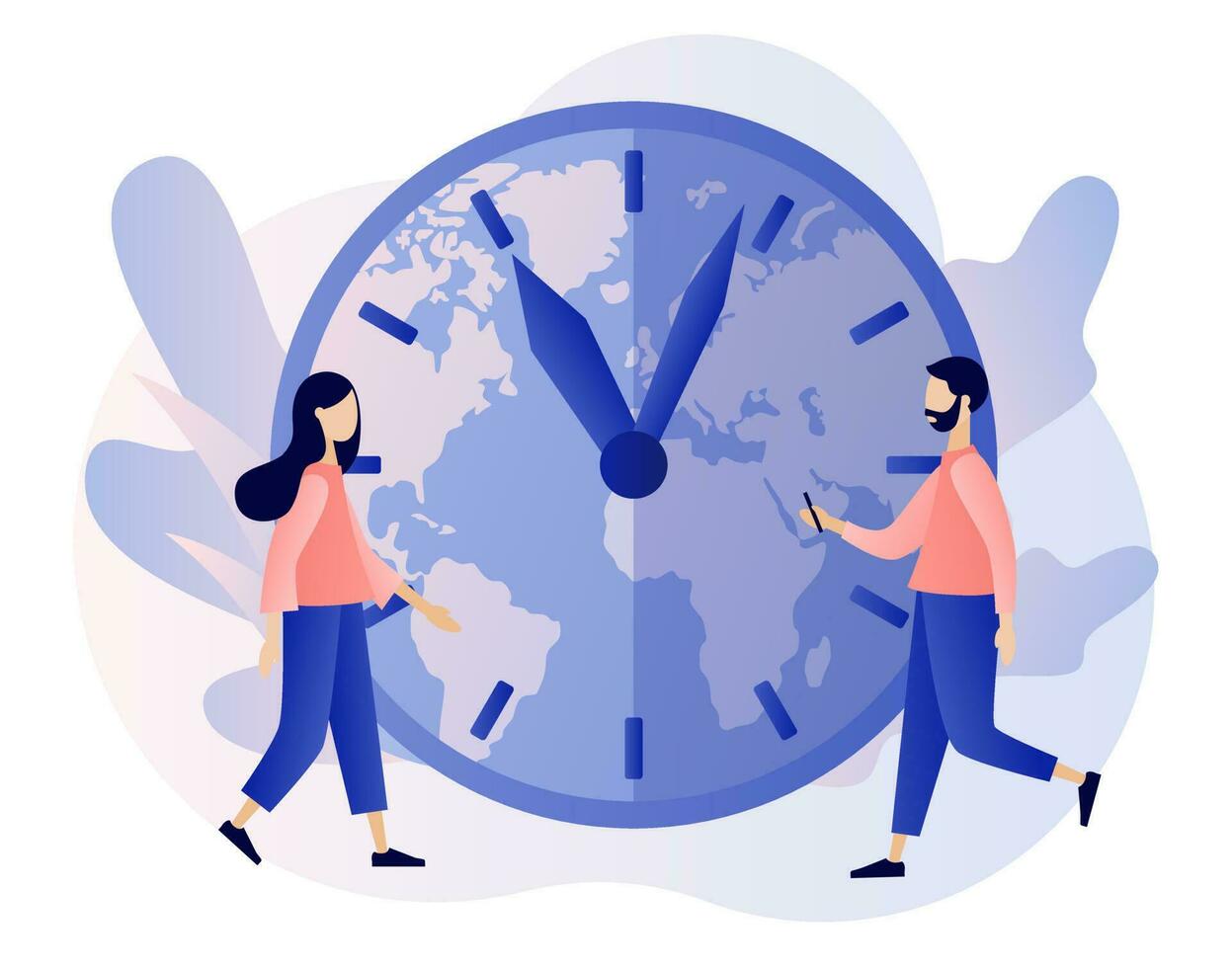 hora zonas internacional hora y fecha. grande reloj demostración local tiempo. minúsculo negocio personas mundial. moderno plano dibujos animados estilo. vector ilustración en blanco antecedentes