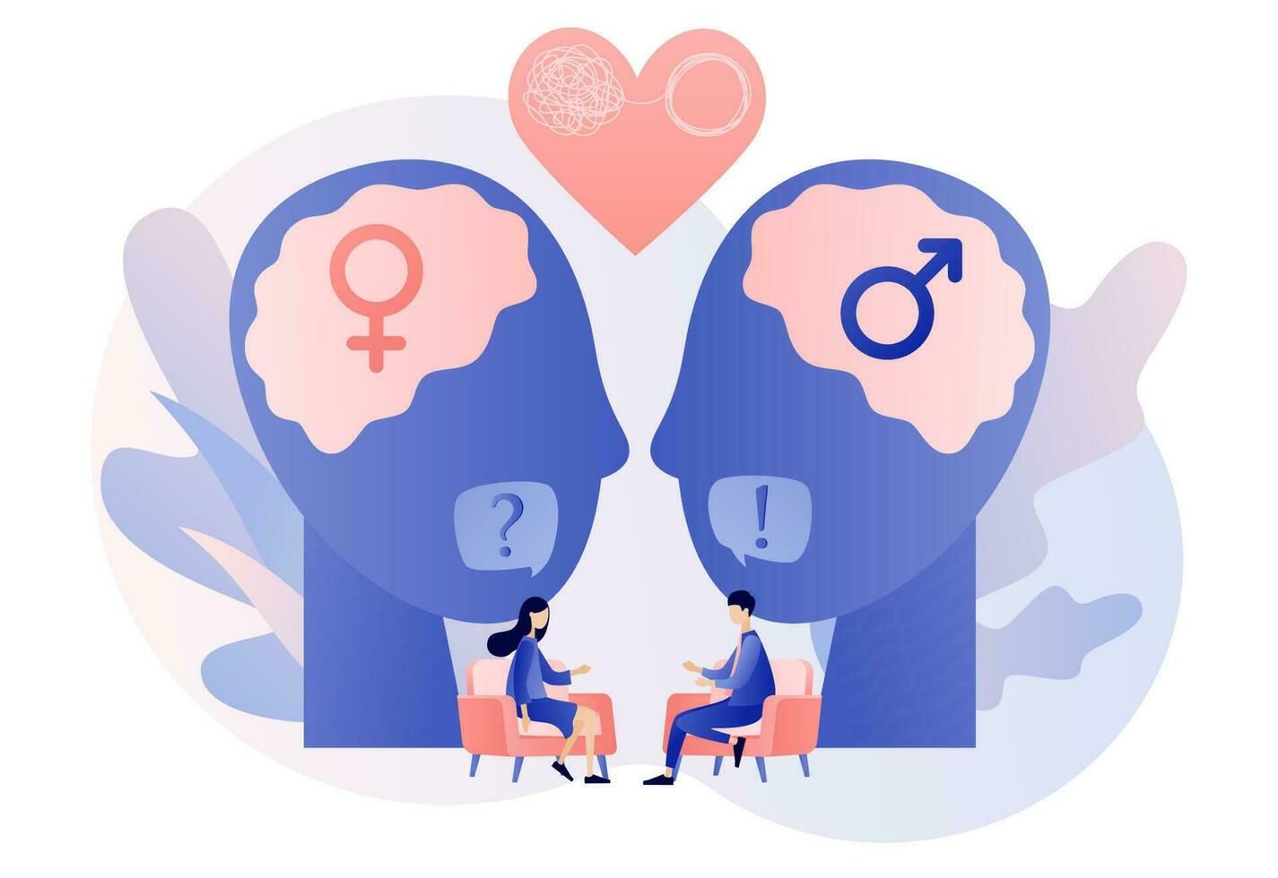 Family psychologist. Male and female psychology. Tiny couple decides mental problems on private counseling. Psychotherapy. Psychological help. Modern flat cartoon style. Vector illustration
