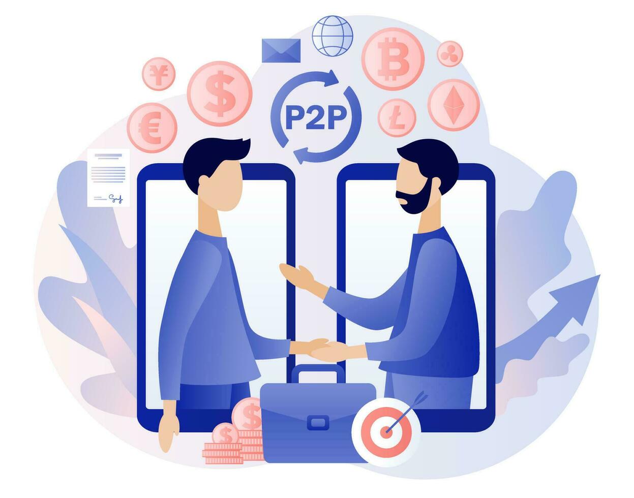 Peer-to-peer trading. P2P lending. Investment in loan. Deposit agreement. Tiny people invest e-money. Cryptocurrency. Modern flat cartoon style. Vector illustration on white background