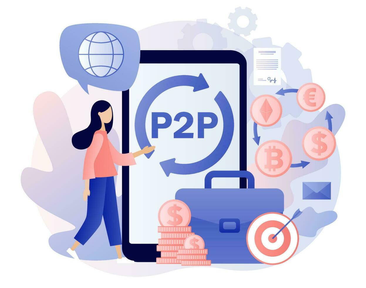 Peer-to-peer trading. P2P lending. Investment in loan. Deposit agreement. Tiny people invest e-money. Cryptocurrency. Modern flat cartoon style. Vector illustration on white background