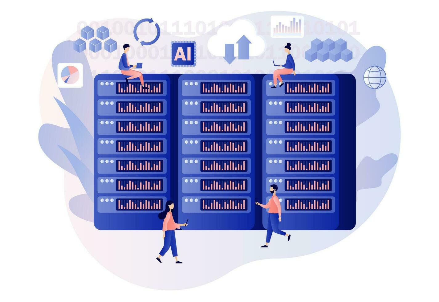 grande datos concepto. datos Ciencias y trabajos. datos análisis. minúsculo personas datos ingenieros desarrollador carrera profesional. moderno plano dibujos animados estilo. vector ilustración en blanco antecedentes