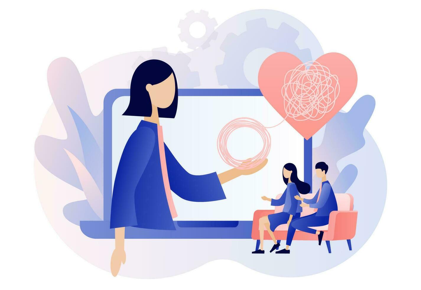 Family psychologist. Male and female psychology. Tiny couple decides mental problems on private online counseling. Psychotherapy. Psychological help. Modern flat cartoon style. Vector illustration