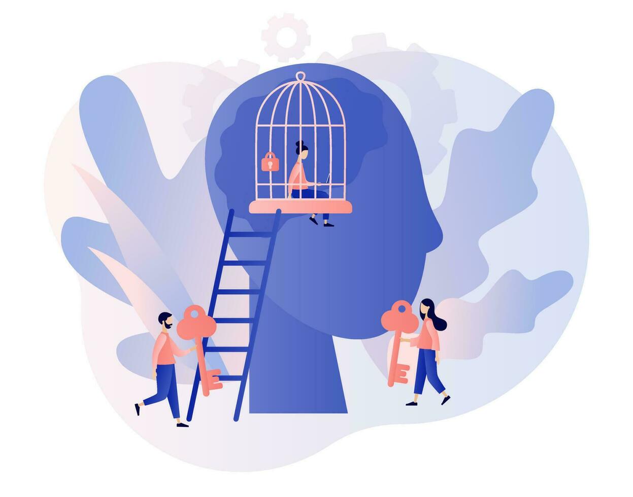Freedom concept. Tiny woman in cage mind. Psychological prison. Comfort zone metaphor. Inner prison. Personal development. Modern flat cartoon style. Vector illustration on white background